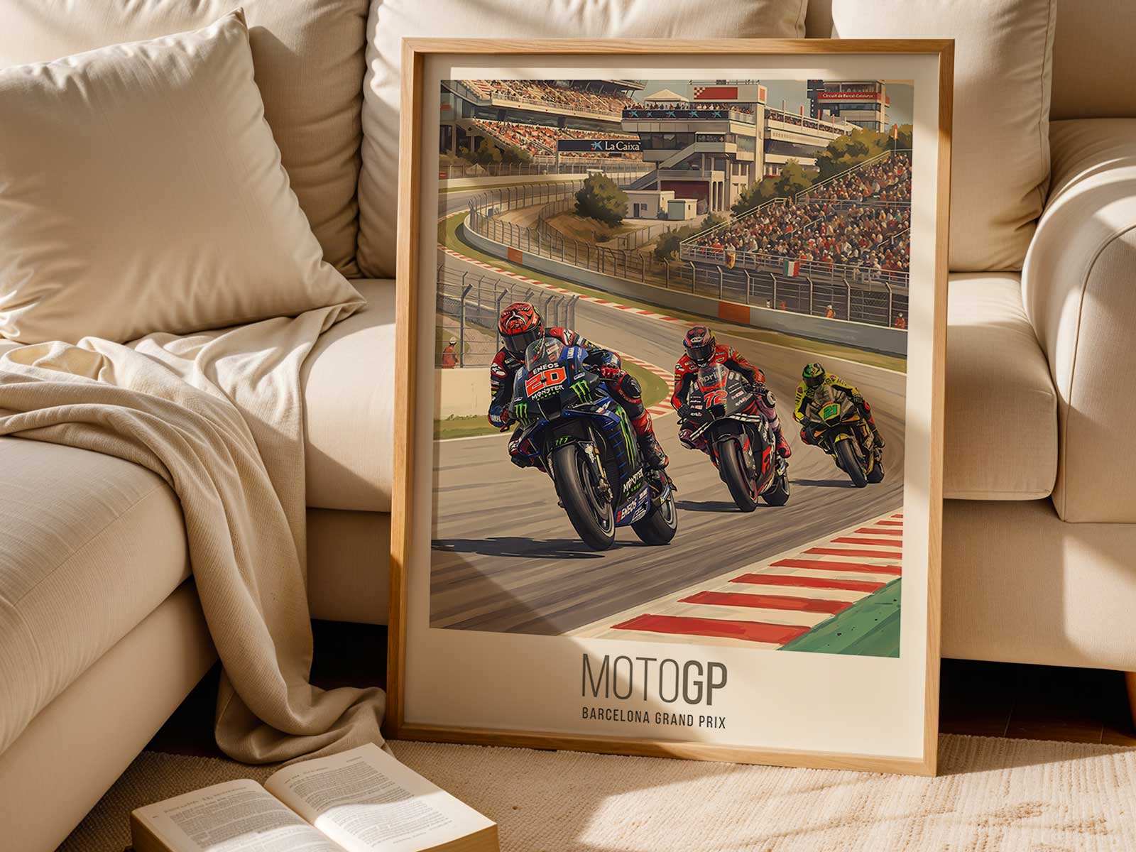 MotoGP rider lifting from lean angle while accelerating out of Barcelona corner