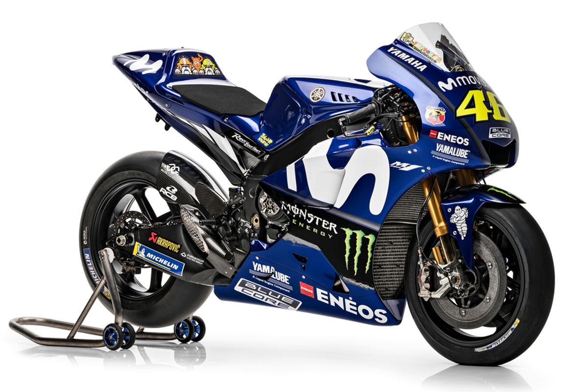 Yamaha YZR-M1 front quarter view showing fairing, twin headlights and aerodynamic winglets