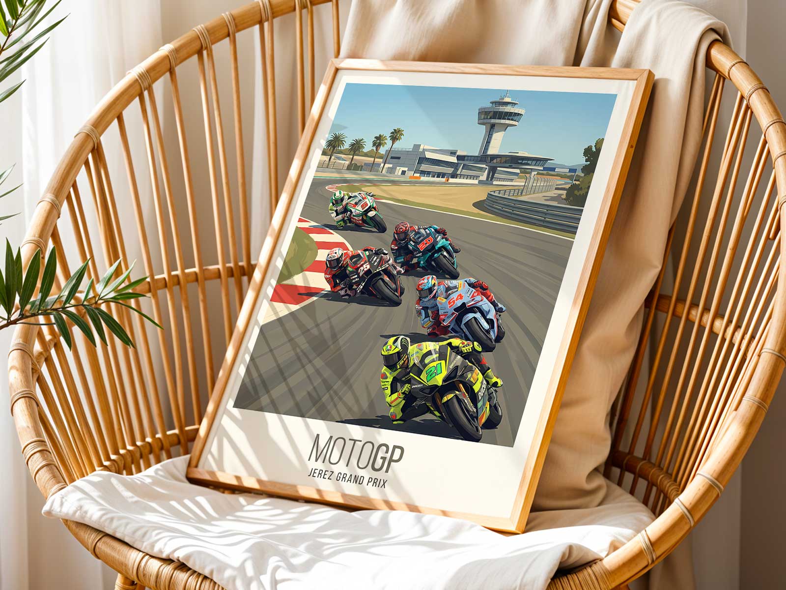 Close view of a Yamaha MotoGP fairing in the Jerez paddock at sunset with soft reflections, transport cases, and the circuit atmosphere fading into evening.